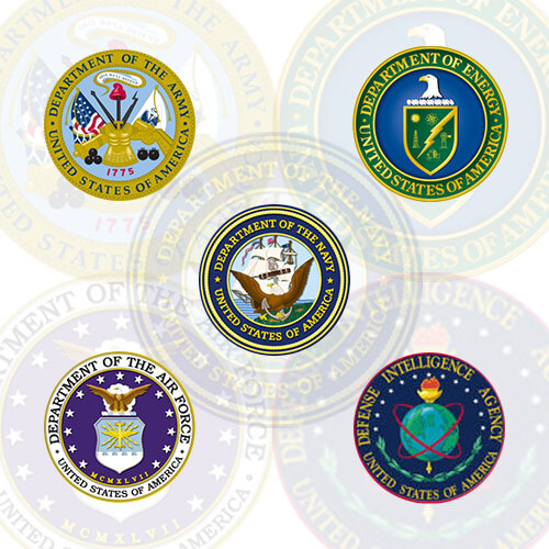 picture of 5 badges containing the department of the army, department of energy, navy, central intelligence agency, and the department of the airforce.